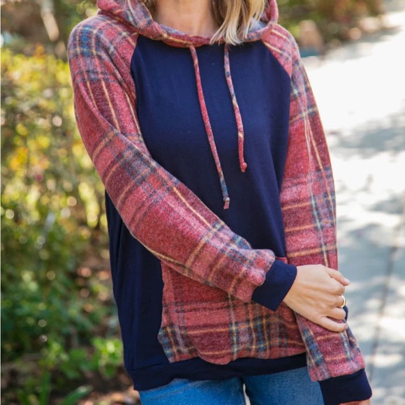 Navy Blue Cashmere Feel Fall Plaid Hooded Top, Size small - Picture 6 of 8